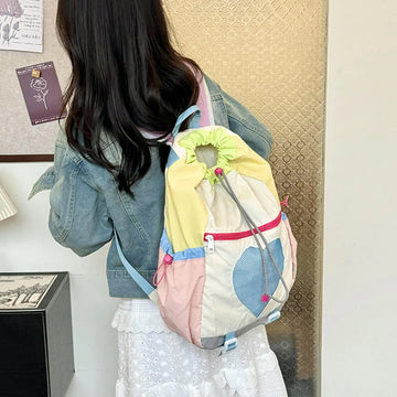 Qfdian Backpack for  Color-Block Bookbag Nylon Drawstring Daypack Adjustable Strap Rucksack for Travel School